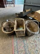 3 Woven wicker baskets together with a vintage leather shooting belt
