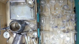 A mixed collection of metal ware and glass ware to include teapot, milk jug, sugar tongs, serving