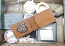 A mixed collection of items to include cookery book, glass dome, Wedgwood milk jug and sugar bowl,