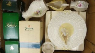 A collection of Belleek to include swans, plate vases together with Donegal parian vase ( 1 tray)