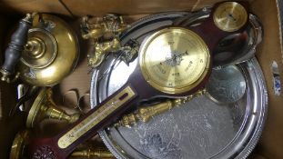 A mixed collection of metal ware to include serving tray, brass kettle, pair of brass