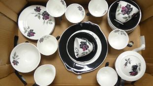 Royal Albert black rose tea ware to include 8 cups, 10 saucers, 6 side plates, teapot , milk jug ,