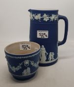Wedgwood blue dip jasperware large jug and small blue dip planter, height of tallest 20cm (2).
