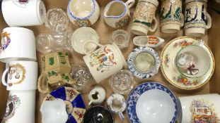 A mixed collection of items to include commemorative mugs, jugs, glassware, etc (1 tray)