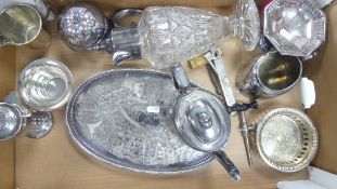 A collection of metal ware and silver plated items to include teapot, tray, condiment pot, footed
