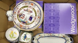 A mixed collection of items to include three Wedgwood decorative wall plates, Masons oriental jug