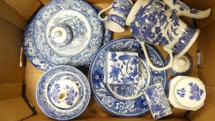 A collection of Blue & White tea and dinner ware to include Chirchill coffee pot and bowls,