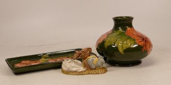 A Moorcroft Hibiscus patterned vase and pen tray together with Royal Doulton seconds Bunnykins