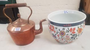 A copper kettle together with a Kewdos ceramic planter (2).