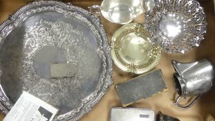 A collection of metalware and silver plated items to include goblets, tray, jug, lighter, etc (1