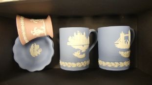 Two Wedgwood jasperware tankards, two scalloped dishes and small flared vase