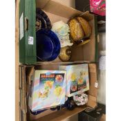 A mixed collection of items to include Blue glass footed bowl, Limoges plate , vase , lidded pot,