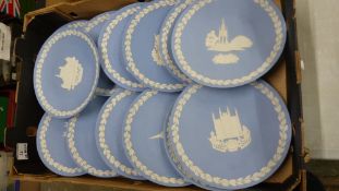 A collection of Wedgwood jasperware Christmas plates from the 1970's and 80's ( 1 tray)
