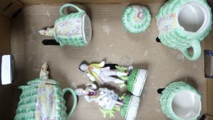 Crinoline lady teapots , milk jug and sugar bowl ( lid missing) marked as purchased by her Majesty