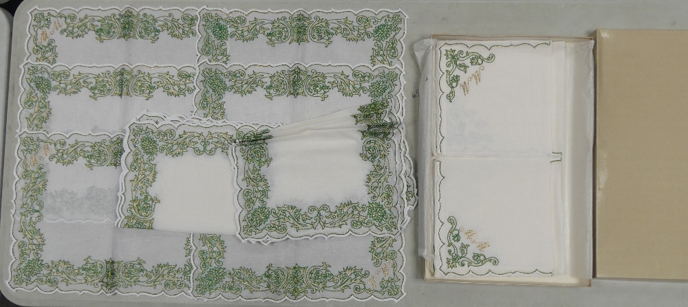 A Collection of De Lamerie Robert Adam Pattern Placemats and Napkins in Green Colours with Gold