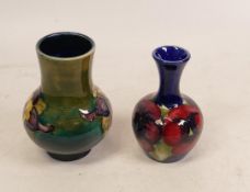 Moorcroft Columbine vase together with pansy vase. Height of tallest 10.5cm (2)