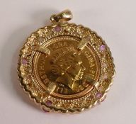 Gold half Sovereign dated 2004, mounted in pink & white stone set hearts 9ct gold mount, 9.7g.