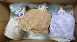 Three Porcelain Pin Cushion Dolls with Pin Cushions. (3)