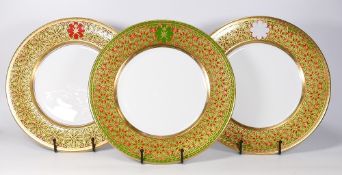 Three De Lamerie Fine Bone China heavily gilded Special Commission patterned Dinner Plates ,