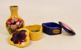 Moorcroft small Anemone vase on yellow ground , anemone lidded box and Magnolia on blue lidded