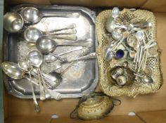 A collection of plated items to include serving tray, spoons, salt pots, handled tray etc (1 tray)