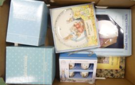 Beatrix Potter Knitting book, Tiggy Winkle clock, Jeremy Fisher Schmid music box, Schmid Peter