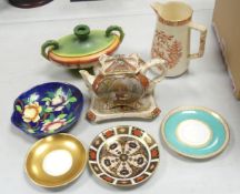 A mixed collection of items to include Royal Crown Derby 1128 saucer, Foley Faience twin handled