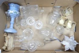 A mixed collection of items to include blue glass lustre with droplets, decanter, storage jars,