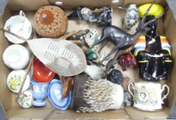 A mixed collection of items to include carved wooden figures and animals, Wedgwood Jasperware,