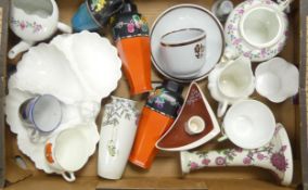 A mixed collection of items to include Chinese lantern vase, Shelley vases with fruit boarder,