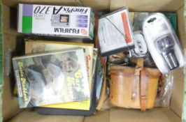 A Collection of Books incl. Angling Times, Cameras and Sportmaster Binoculars (1 Tray)