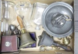 A mixed collection of items to include Pewter footed bowl, brass weights, 3 glass decanters, Ikoflex