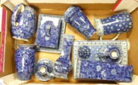 A collection of Shelley blue and white items to include vases, jugs, a pair of candlesticks,