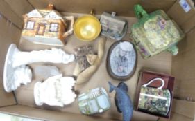 A mixed collection of items to include Aynsley orchid gold cup, Coalport watermill figure, novelty