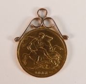 Edward VII full sovereign, dated 1906 with soldered necklace mount, 8.8g.