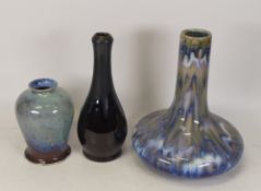 Cobridge stoneware peacock feather squat vase, trial piece 04 together with blue/red mottled vase