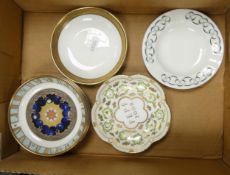 Four Royal Worcester Millennium pin dishes together with Royal Crown Derby Green panel pin dish,