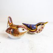 Two Royal Crown Derby paperweights of birds, one with stopper. (2)