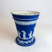 Early 20th century Wedgwood large dark blue and white jasperware flower vase, h,21cm, some minor