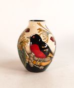 Moorcroft ovoid vase in the Scarlet Robin pattern. Red dot seconds. Height: 13cm