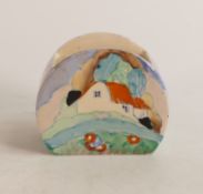 Clarice Cliff open sugar bowl in Red Roof Cottage pattern, 7.4cm wide x 3.7cm x 6.1cm high.