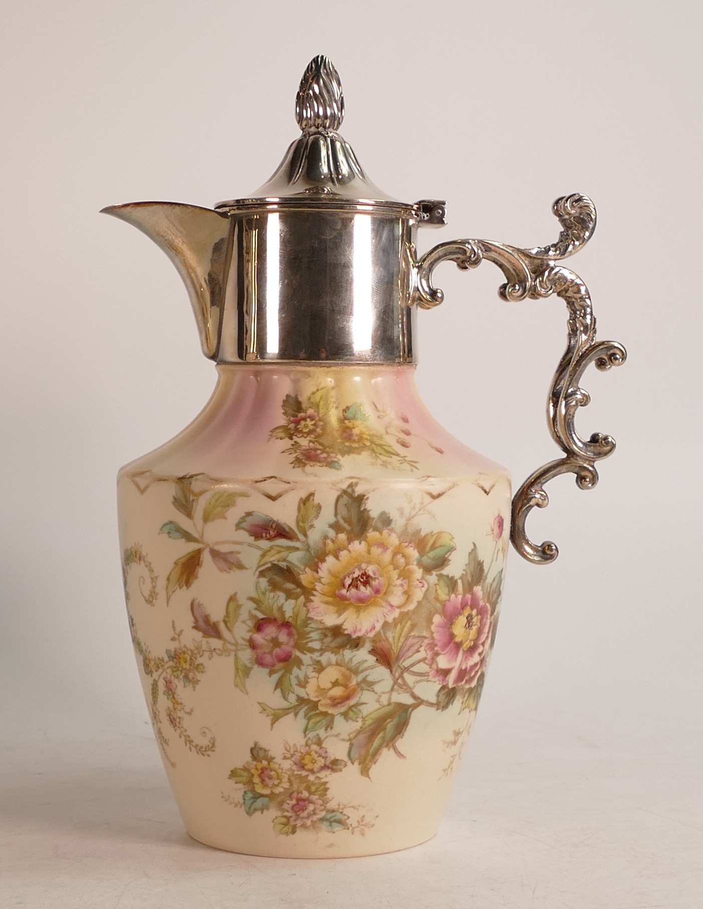 Carlton Blush ware metal mounted claret jug in the Peony pattern, by Wiltshaw & Robinson, c1900,