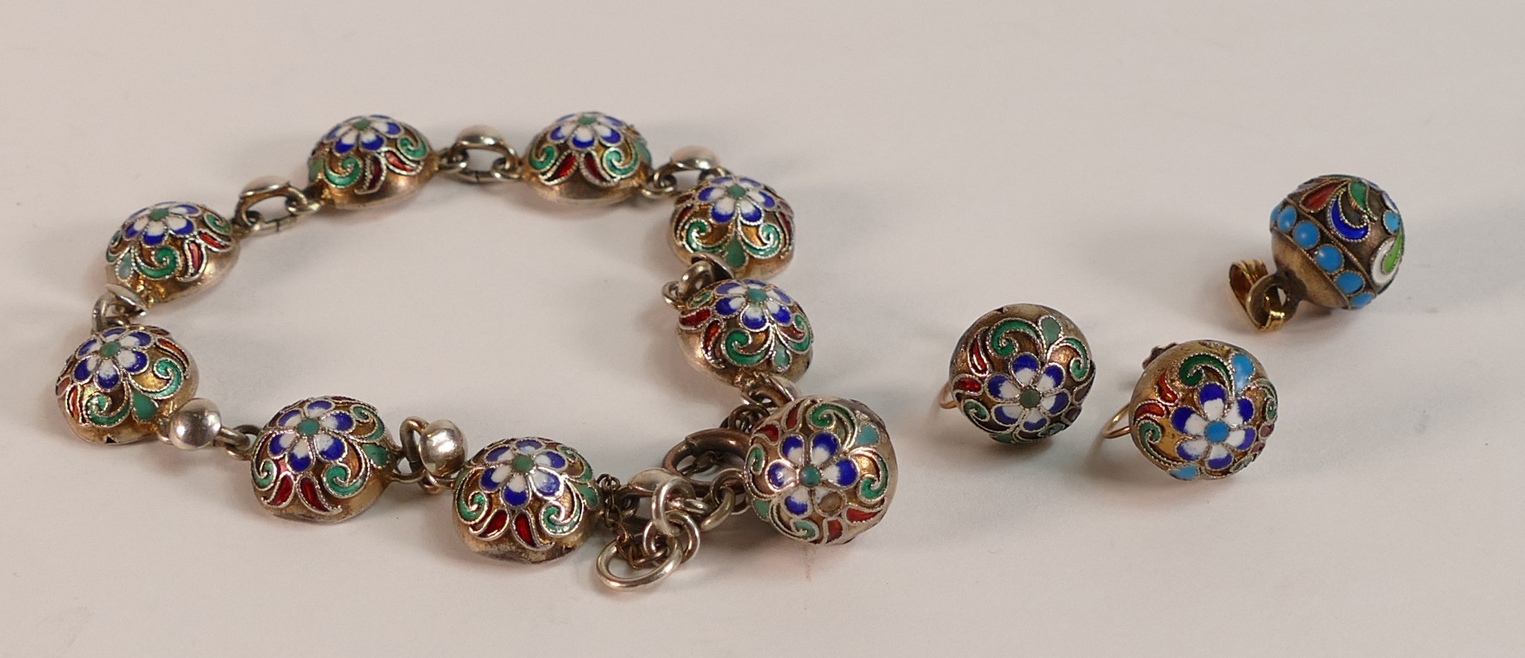 Russian Silver and Enamel jewellery including bracelet, earrings and pendant. Indistinct marks, 84