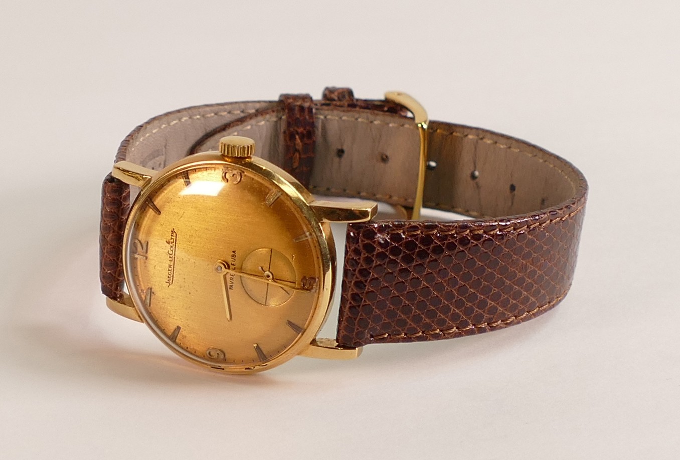 Rare 18ct Gold Jaeger le Coultre Favre-Leuba wrist watch, with seconds dial, leather bracelet,