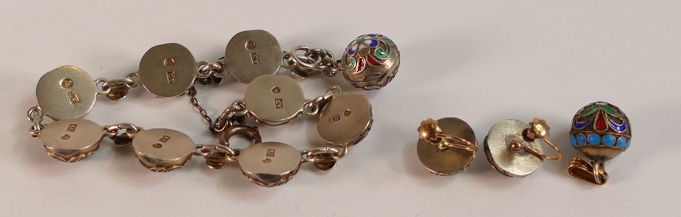 Russian Silver and Enamel jewellery including bracelet, earrings and pendant. Indistinct marks, 84 - Image 2 of 2