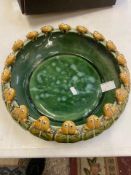 Unusual Large Majolica Centre Bowl with Leaf Decoration and surrounding Seated Frogs. Later