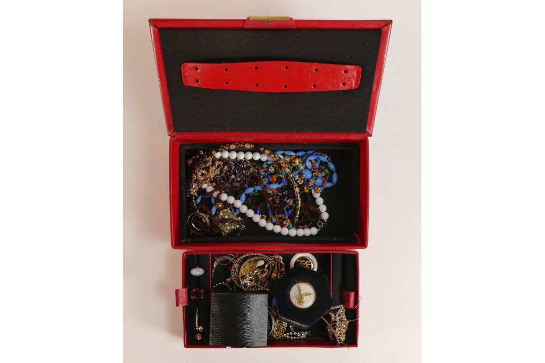 A collection of costume jewellery including pair 9ct gold cubic zirconia earrings, watches, beads, - Image 1 of 2