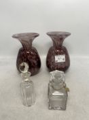 A Pair of Purple Handblown Art Glass Vases together with two antique perfume bottles (4)