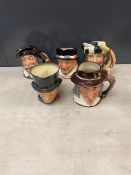 Royal Doulton, Five Large Character Jugs Izaak Walton, Trapper, John Peel, Beefeater and Sanch Panca