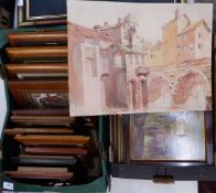 A Collection of Artworks including continental watercolour street scene by T. Wood, framed relief